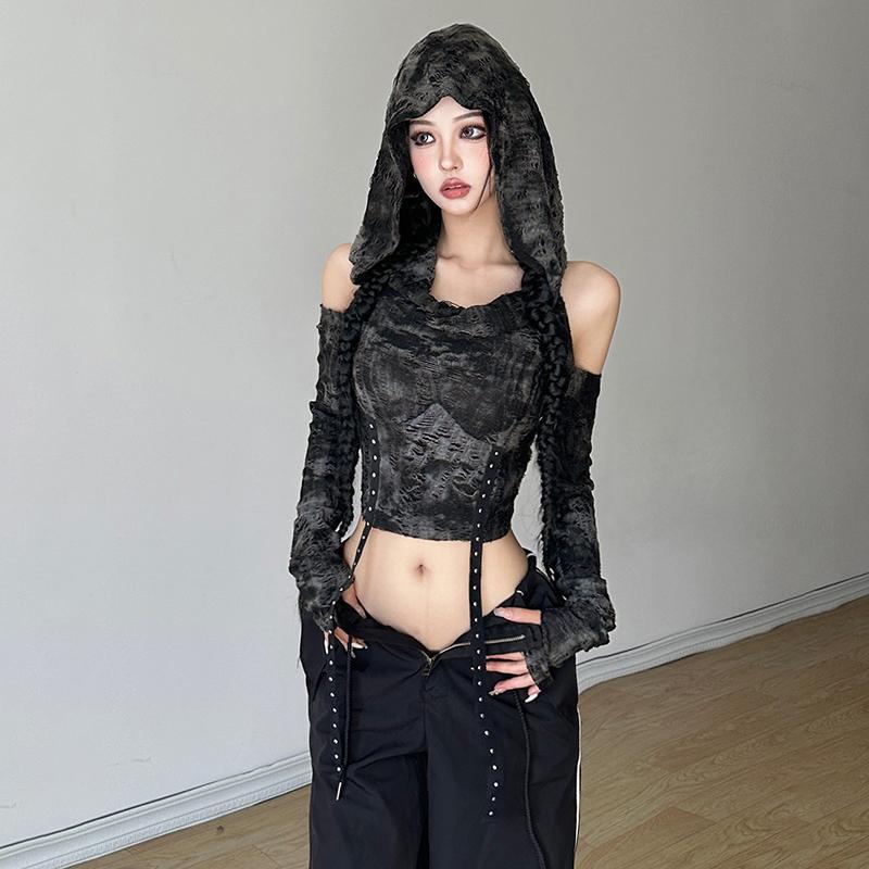 Off-shoulder hoodie met lange  - Street Fashion Y2K recensie en prijs